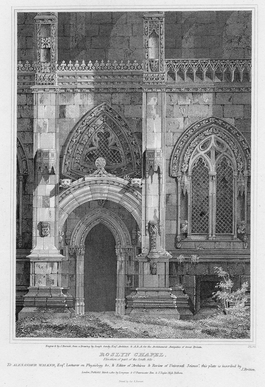 Rosslyn-kápolna, a déli oldal egy részének kiemelkedése, J. Burnett metszete, 1810 alkotó: Joseph Michael Gandy