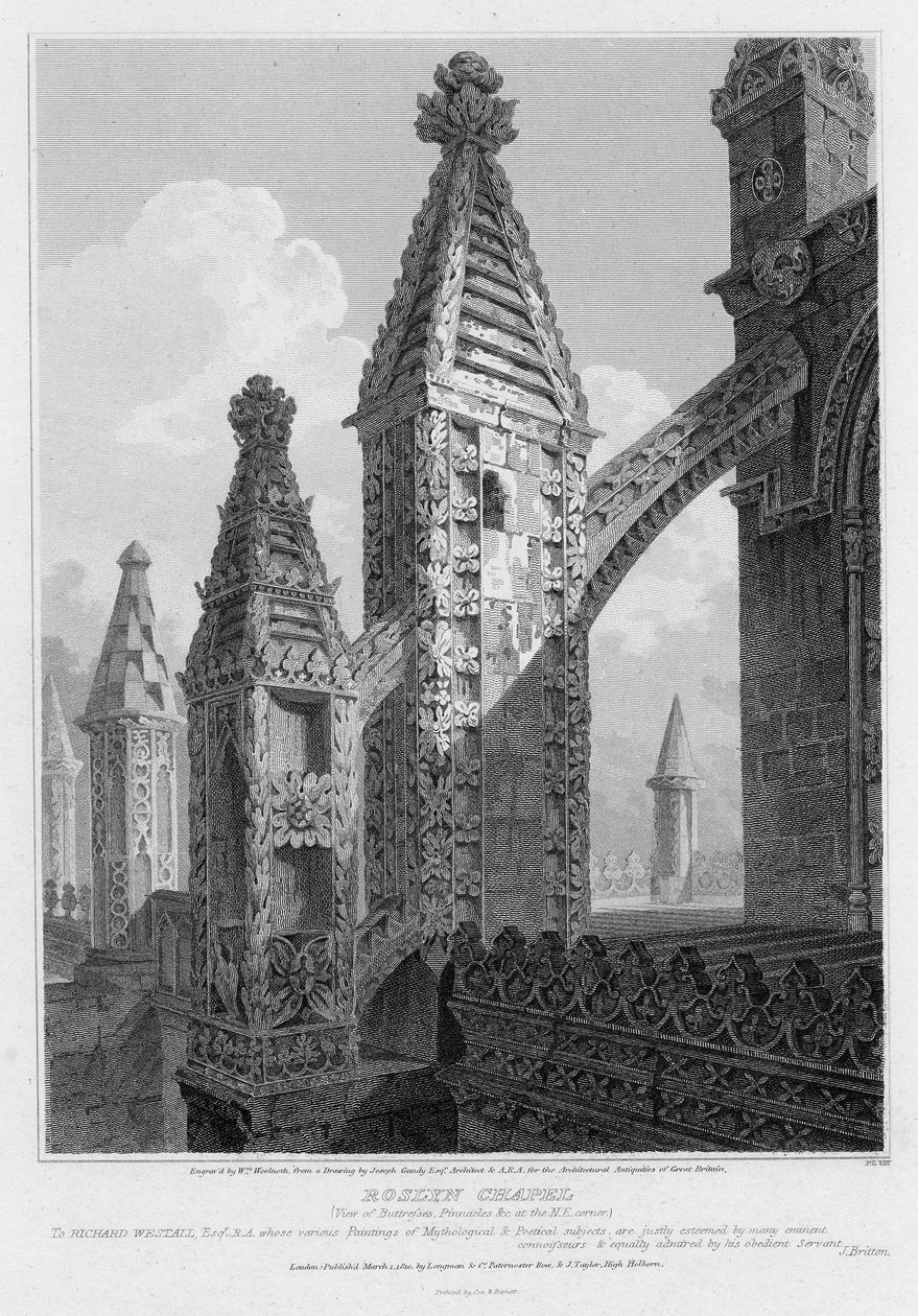 Roslyn kápolna, az északkeleti sarok támpilléreinek és csúcsdíszeinek nézete, William Woolnoth metszete, 1810. alkotó: Joseph Michael Gandy