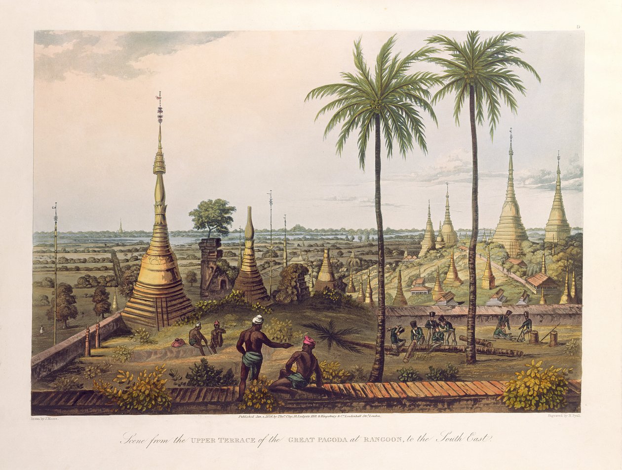 Jelenet a Rangoon-i Nagy Pagoda felső teraszáról délkeletre, H. Pyall metszet, kocsma. szerző: Kingsbury und Co., 1826 (színes akvatinta) alkotó: Joseph Moore
