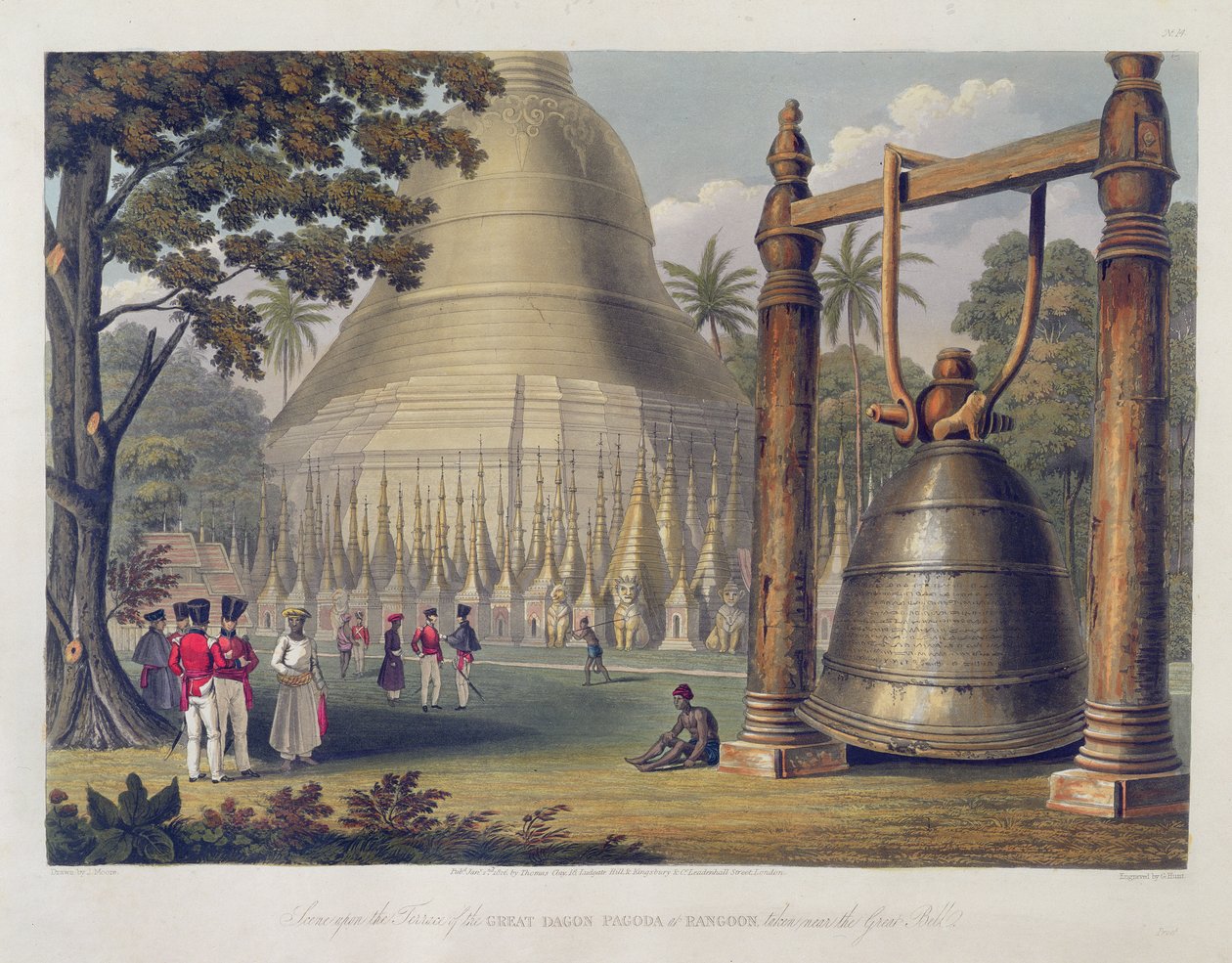 Jelenet a Rangooni Nagy Dagon pagoda teraszán, a Nagy Harang közelében, a „Rangoon Views” 14. táblája, George Hunt metszet, 1826 (akvatinta) alkotó: Joseph Moore