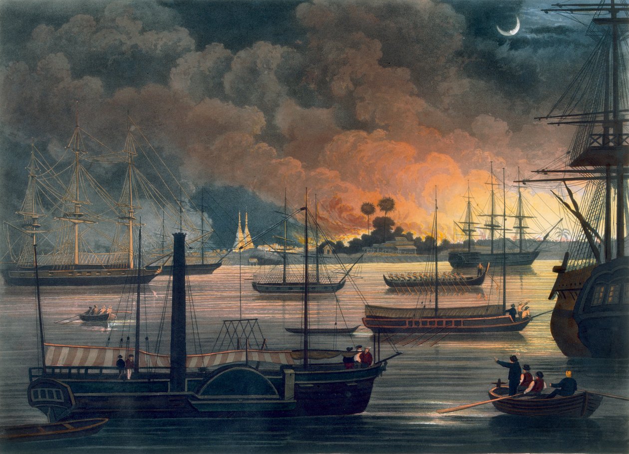 Dallai tűzvész a Rangoon folyón, a „Rangoon Views” 17. táblája, George Hunt metszete, 1826 (akvatinta) alkotó: Joseph Moore