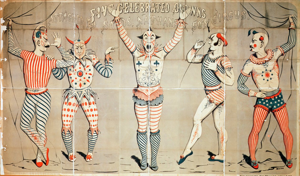 Öt ünnepelt bohóc Sandshoz, Nathan und Co. cirkusza, 1856 (színes fametszet) alkotó: Joseph Morse
