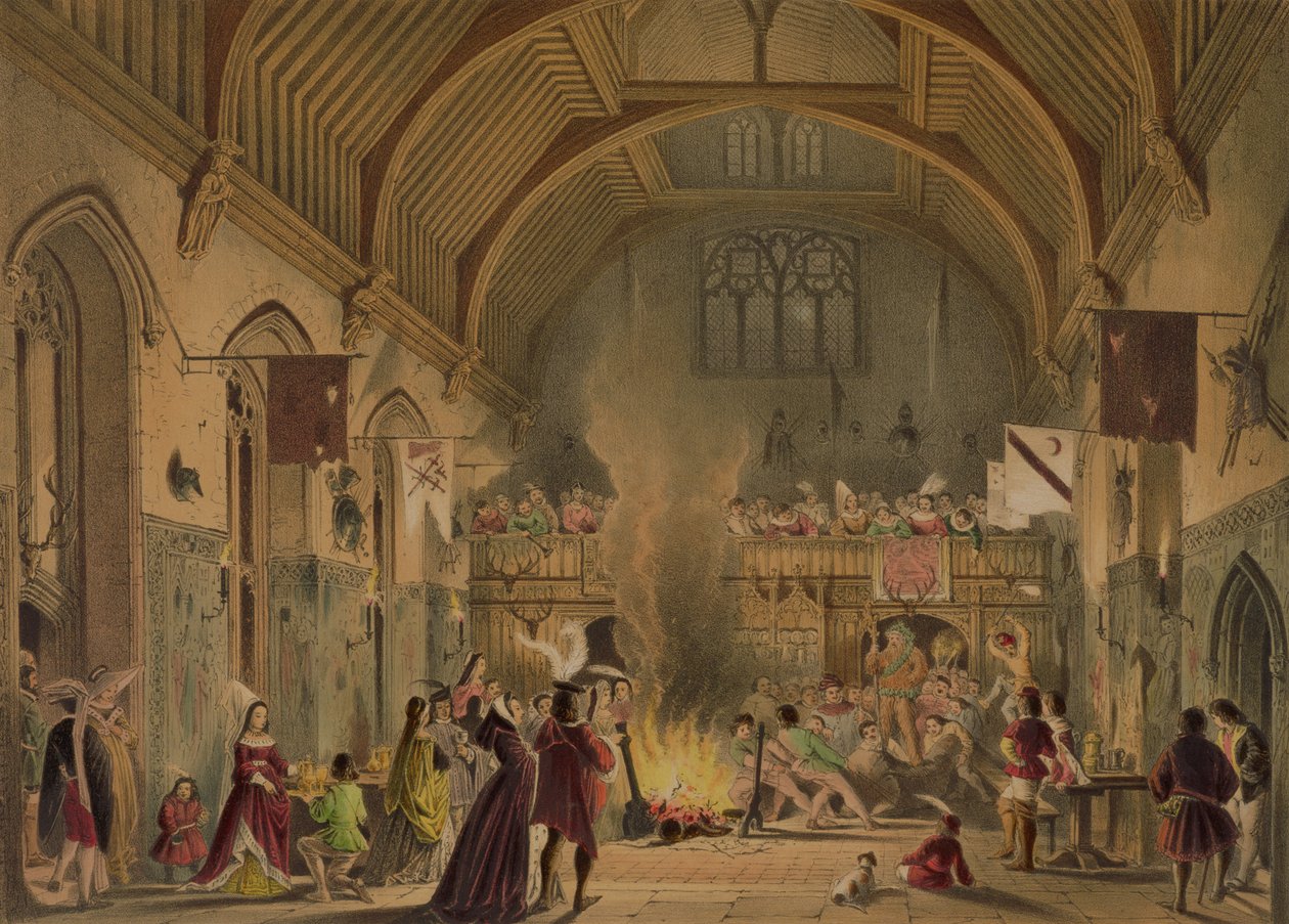 Bankett a bárói teremben, Penshurst Place, Kent, az "Architecture in the Middle Ages", 1838 alkotó: Joseph Nash