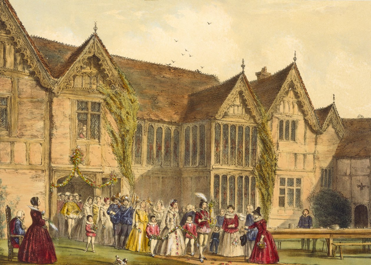 Vidéki esküvő, Ockwells Manor Berkshire-ben, 1600 körül, a "Középkor építészete", 1838 alkotó: Joseph Nash