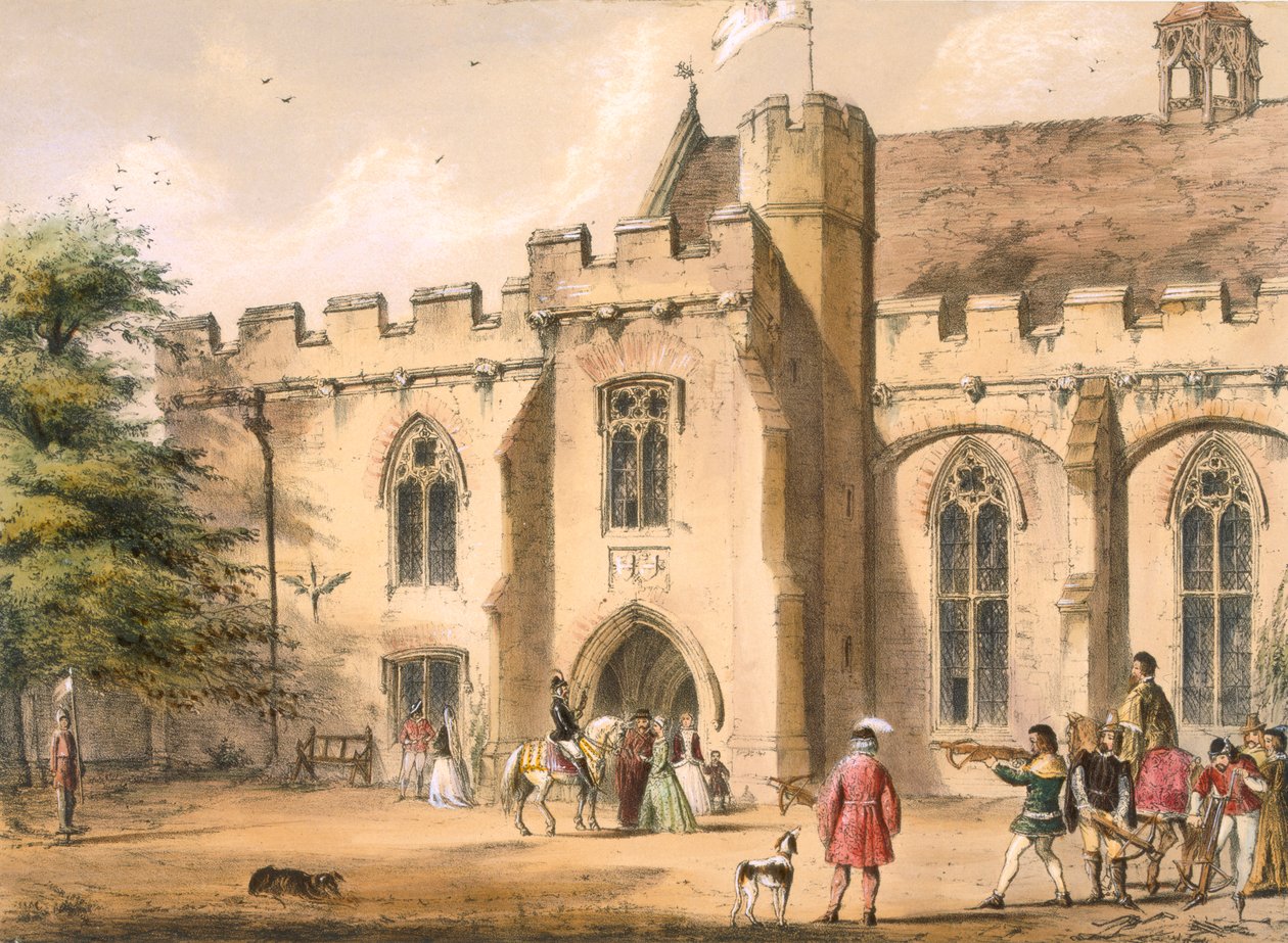 Íjászgyakorlat, Penhurst Place, Kent, a 17. században, az 1838-ban megjelent "Architecture of the Middle Ages" című könyvből. alkotó: Joseph Nash