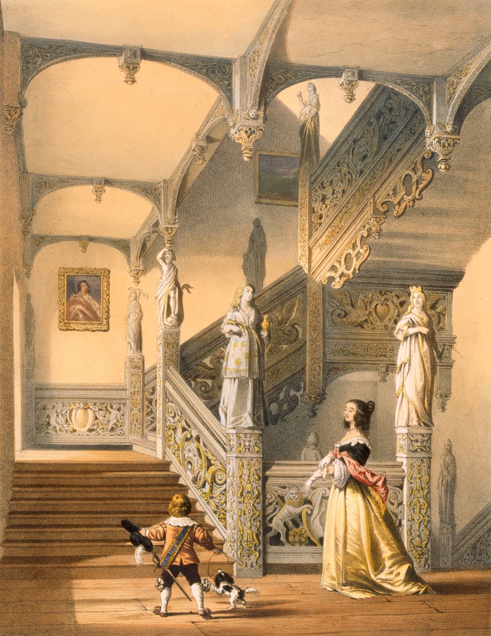 Grand Elizabethan staircase, Aldermaston, Berkshire, a "Középkor építészete" című könyvből, 1838-ban alkotó: Joseph Nash