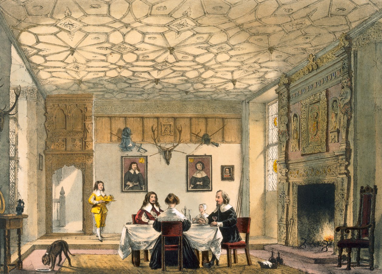 Középkori családi vacsora, Wakehurst Place, Surrey, 1600 körül az "Architecture of the Middle Ages"-ből, 1838-ban megjelent alkotó: Joseph Nash