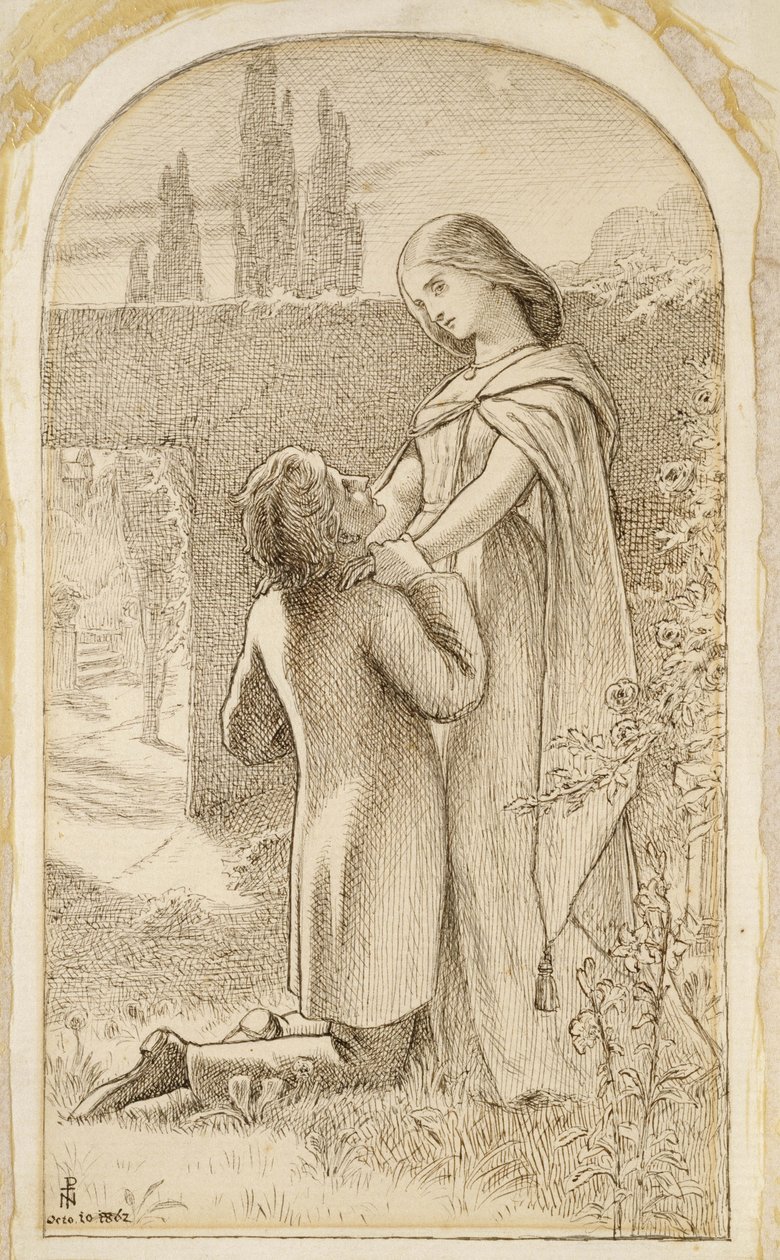 Két szerelmes a csillagos kertben, 1862 (toll és sötétbarna tinta, fektetett papír) alkotó: Joseph Noel Paton