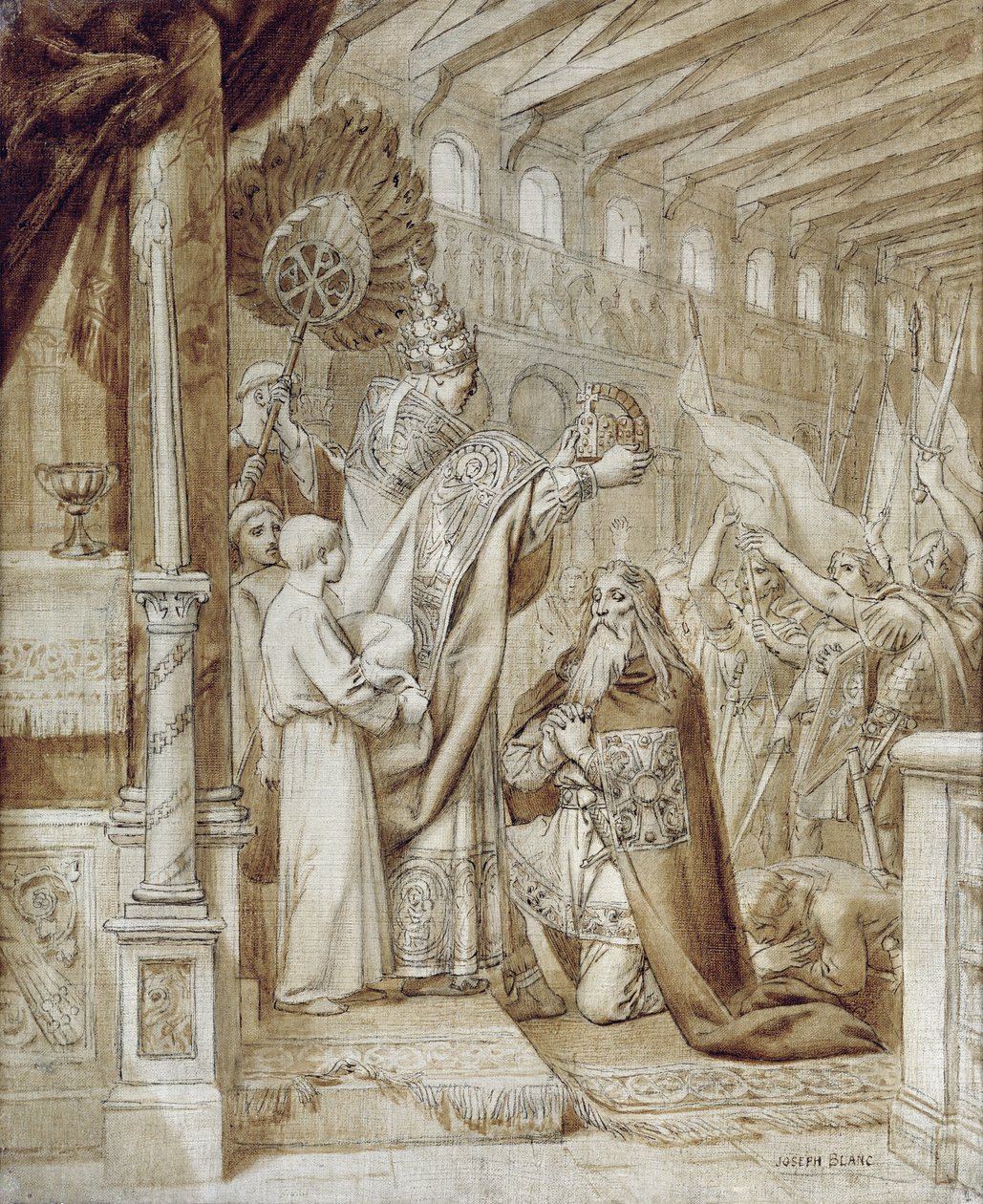 Nagy Károly koronázása (742-814) (toll és tinta a vászonon) alkotó: Joseph Paul Blanc