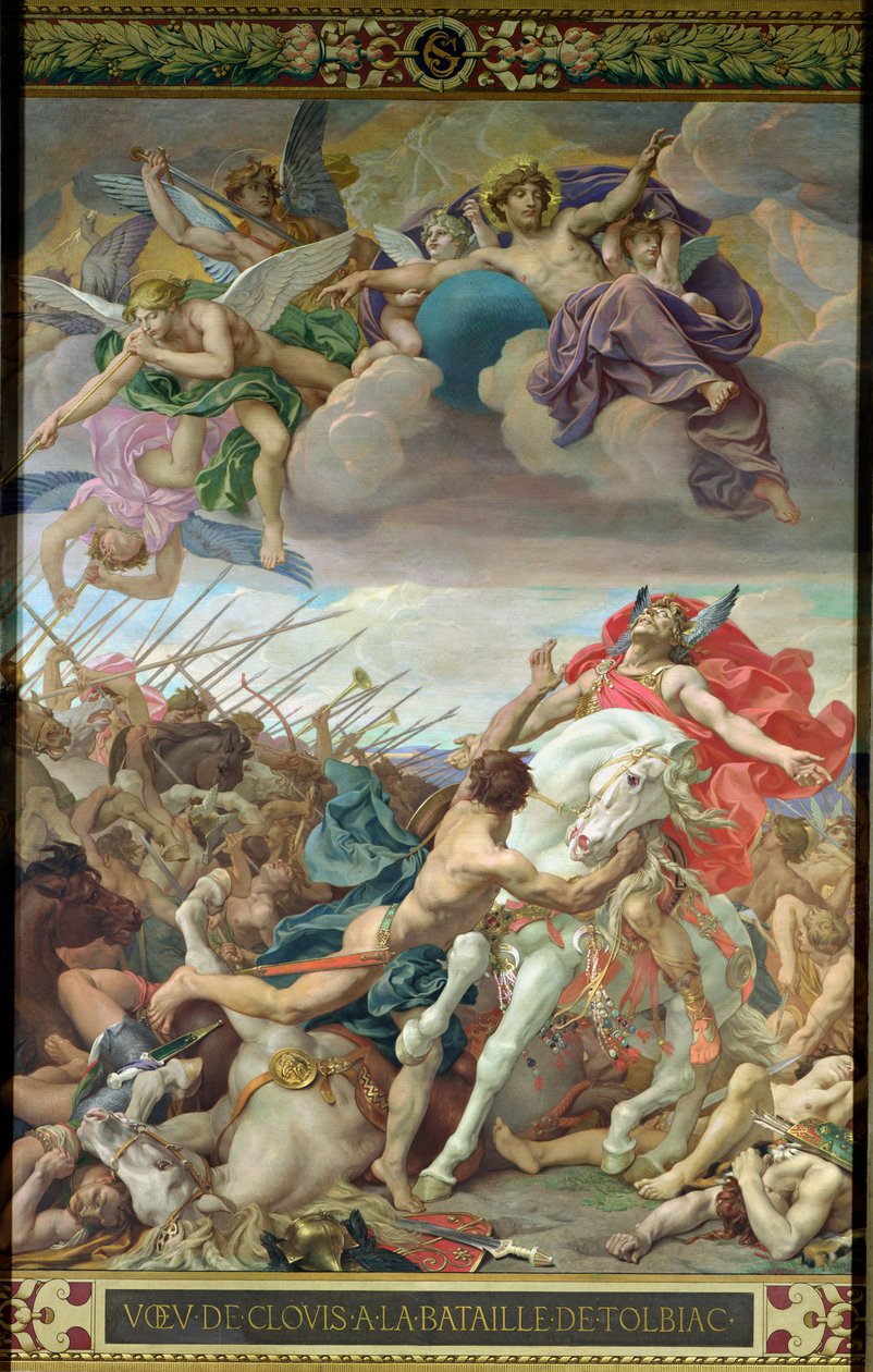 Clovis fogadalma (465-511) az 506-os tolbiaci csatában, a jobb oldali kereszthajóról (falfestmény) alkotó: Joseph Paul Blanc