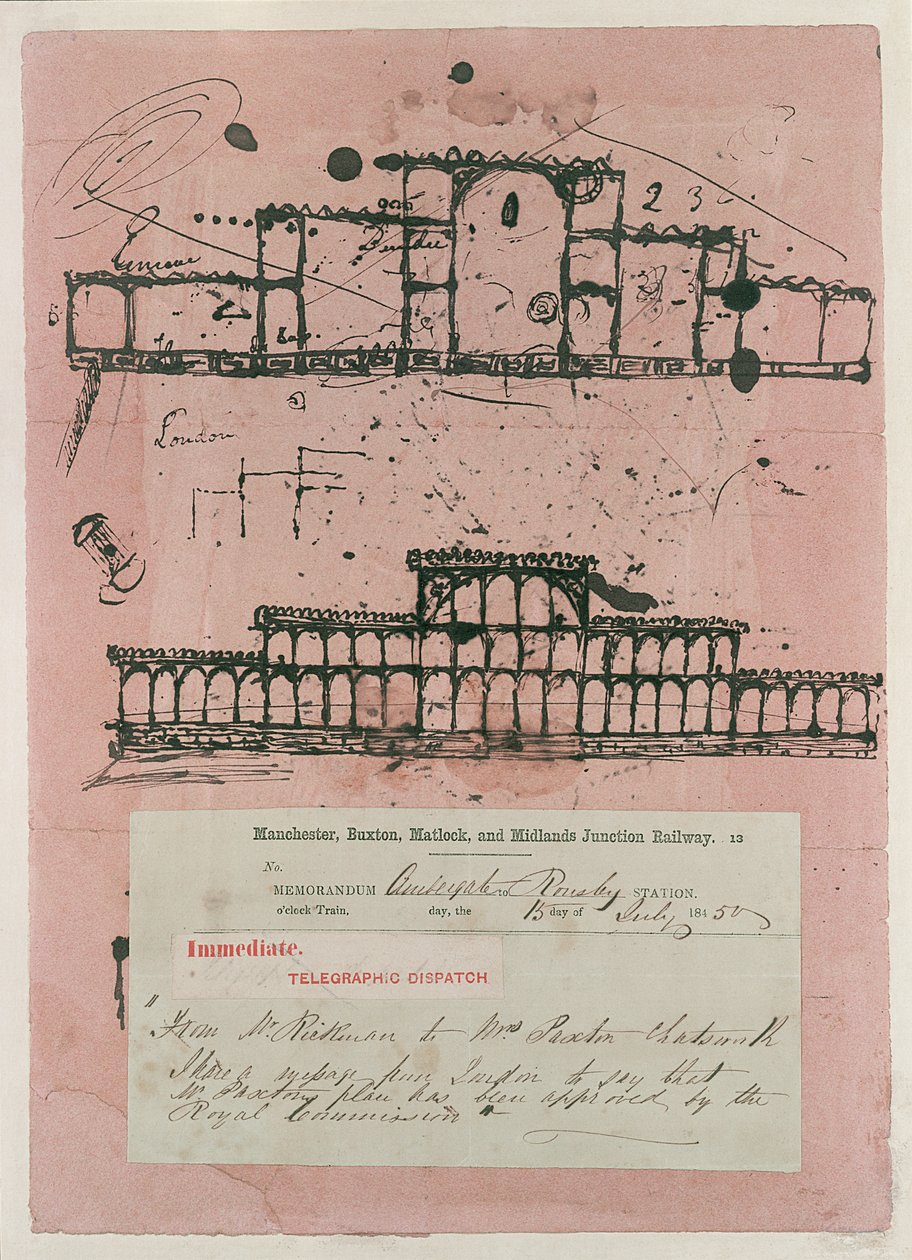 Nagy Kiállítás, 1851: az épület első vázlata, 1850 (tinta, festékpapír) alkotó: Joseph Paxton