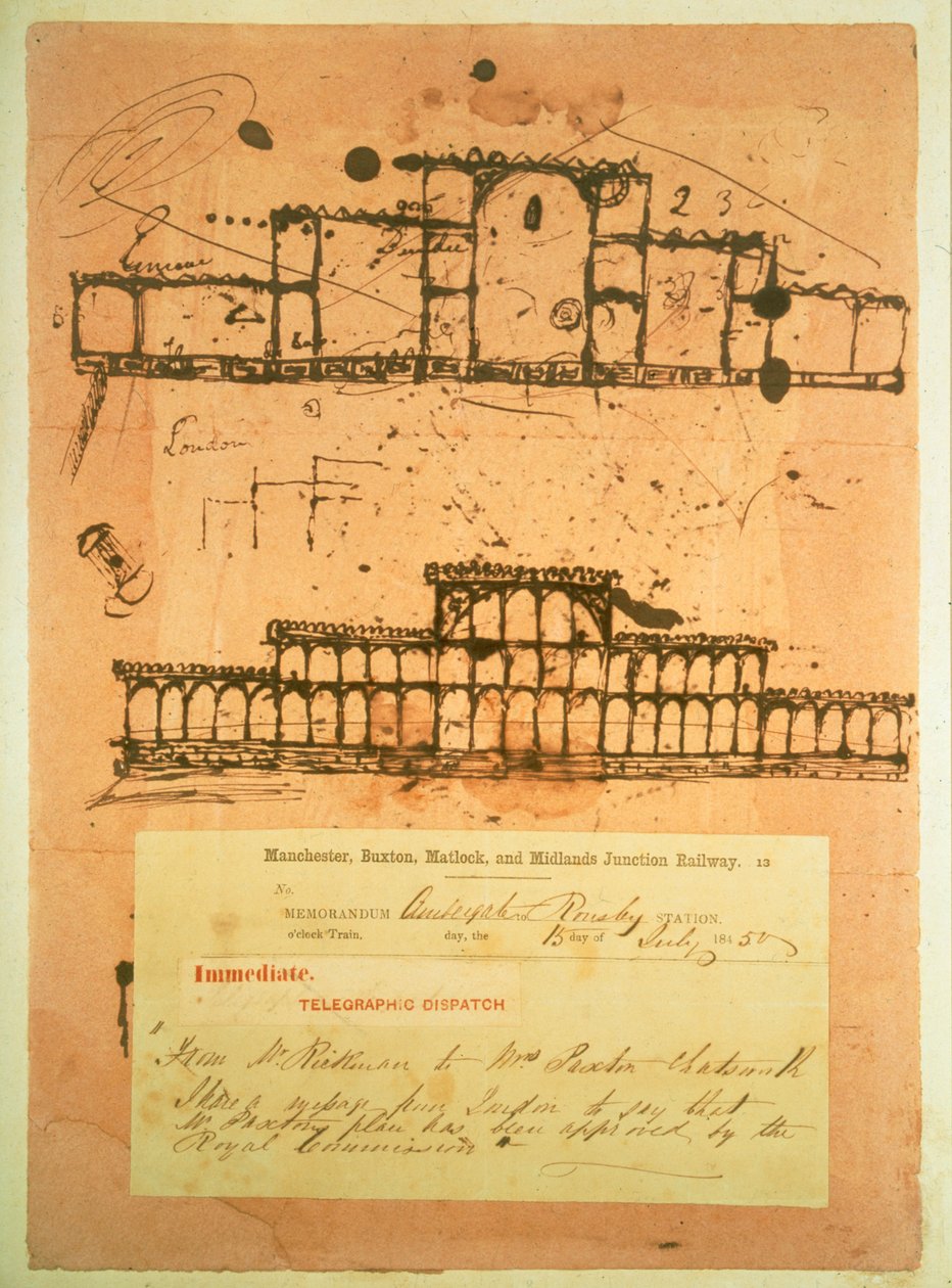 Az 1851-es nagy kiállításra épített Kristálypalota vázlata, 1850 (tinta, papír) alkotó: Joseph Paxton