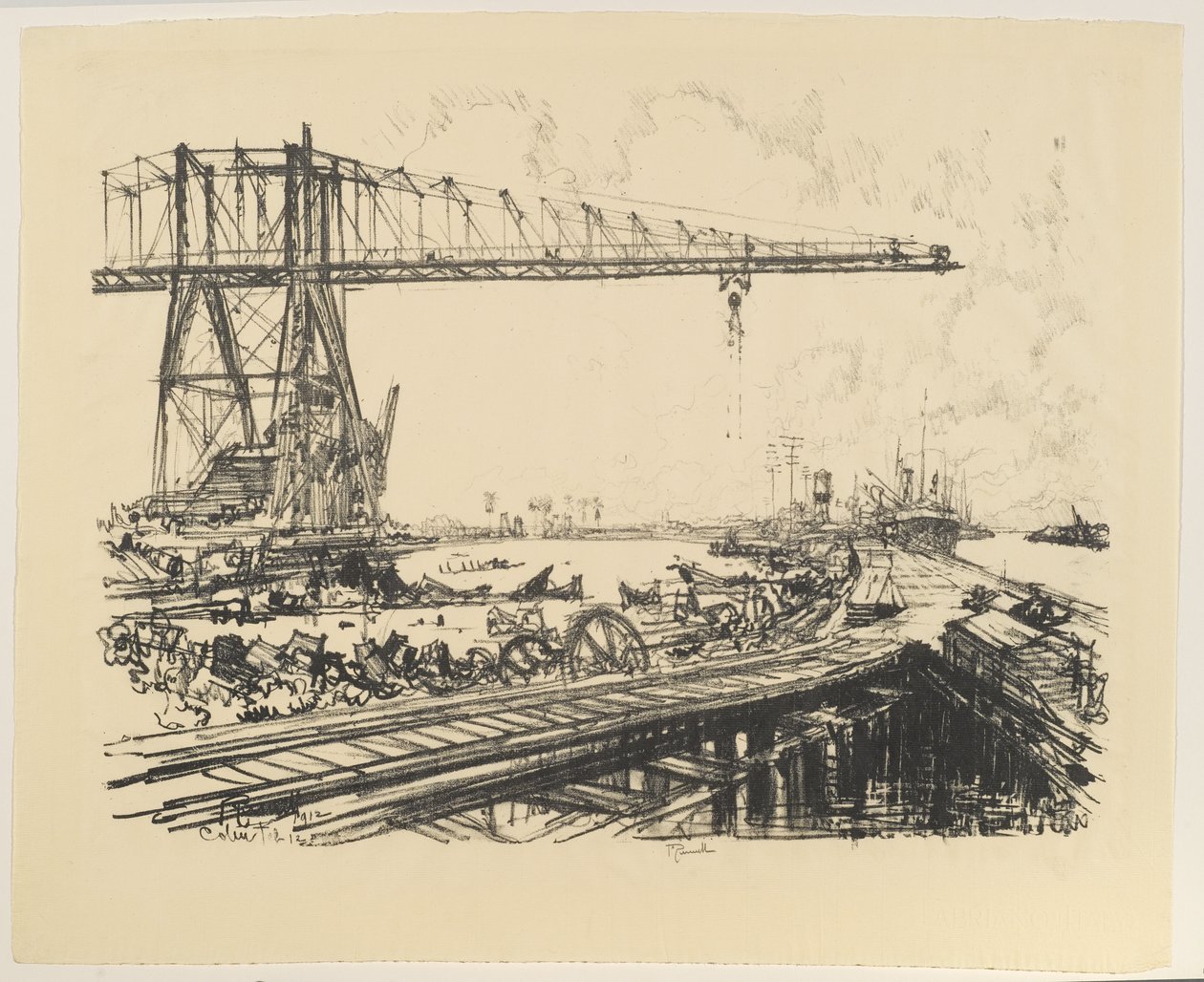Panama – Francia csatorna és amerikai daruk, 1912 (litó papíron) alkotó: Joseph Pennell