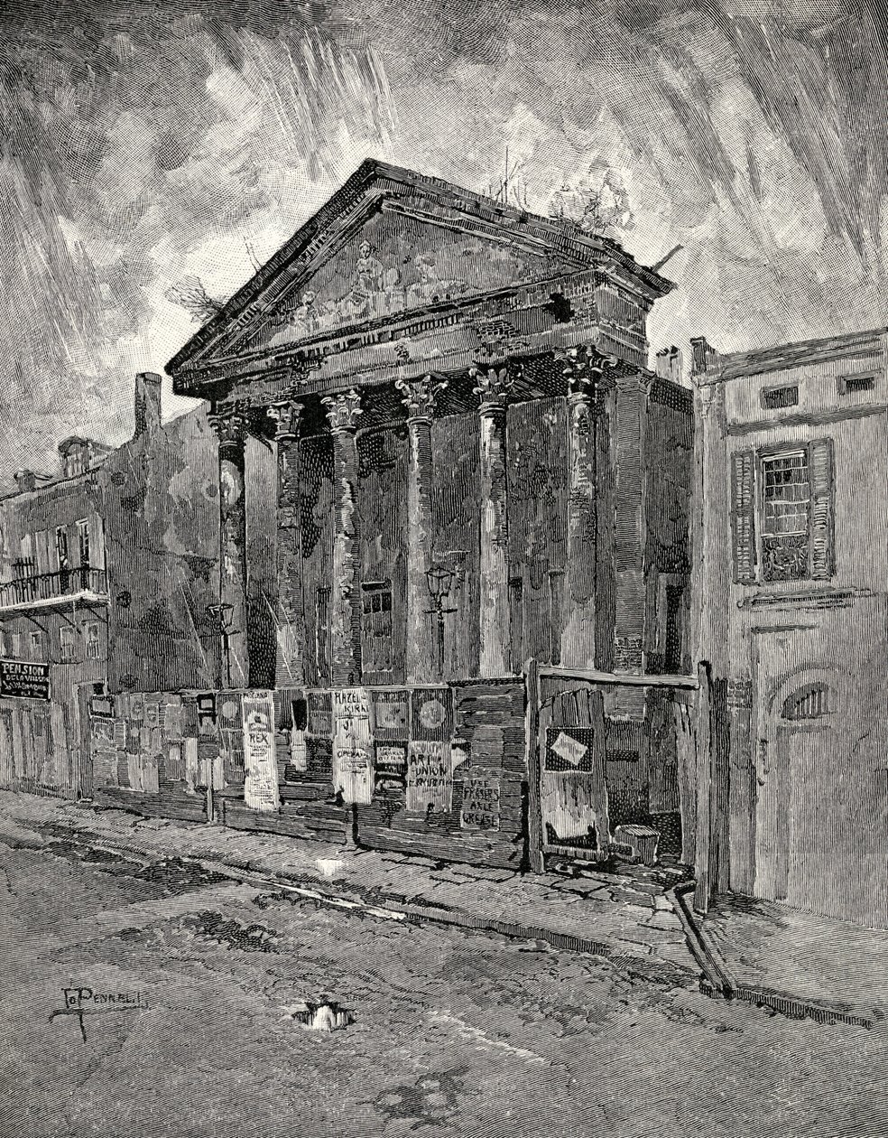 The Old Bank a Toulouse Street-ben, New Orleansban, a „The Century Illustrated Monthly Magazine”-ból, 1883. májustól októberig alkotó: Joseph Pennell
