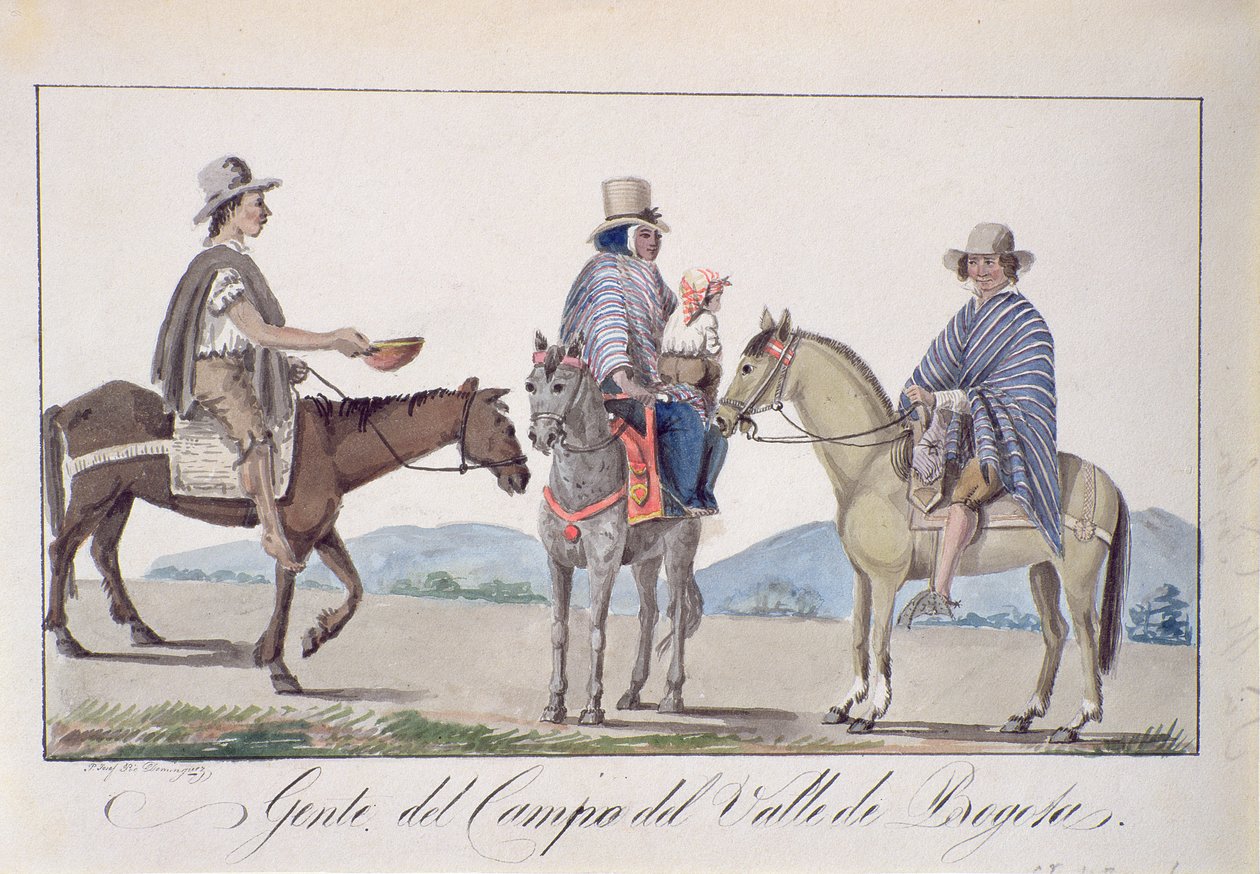 Emberek, a Campo del valle de Bogotából, 1840 körül (wc, papír) alkotó: Joseph Pio Dominguez