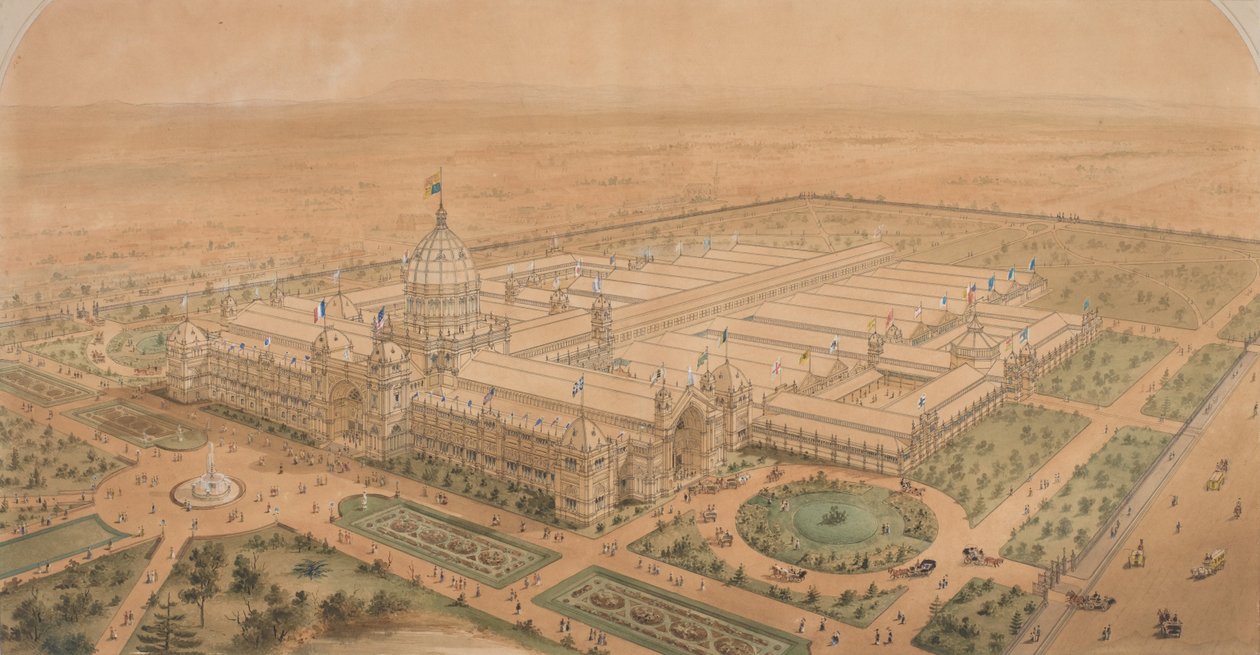 A kiállítási épület Melbourne 1880, délkeletről, a főterem bemutatása alkotó: Joseph Reed