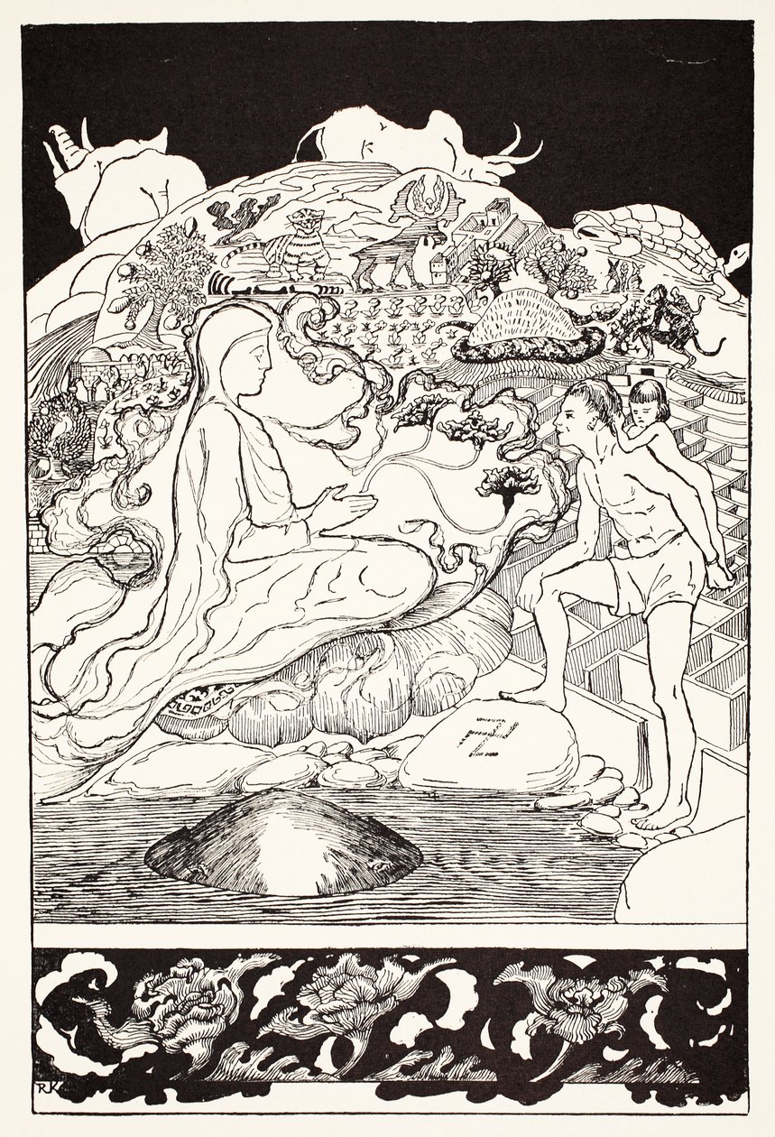 Pau Amma, a rák menekül, miközben a legidősebb varázsló a férfival és kislányával beszélgetett. Illusztráció: Rudyard Kipling, kocsma a „Csak úgy történetek kisgyermekeknek” című könyvéből. London, 1 alkotó: Joseph Rudyard Kipling