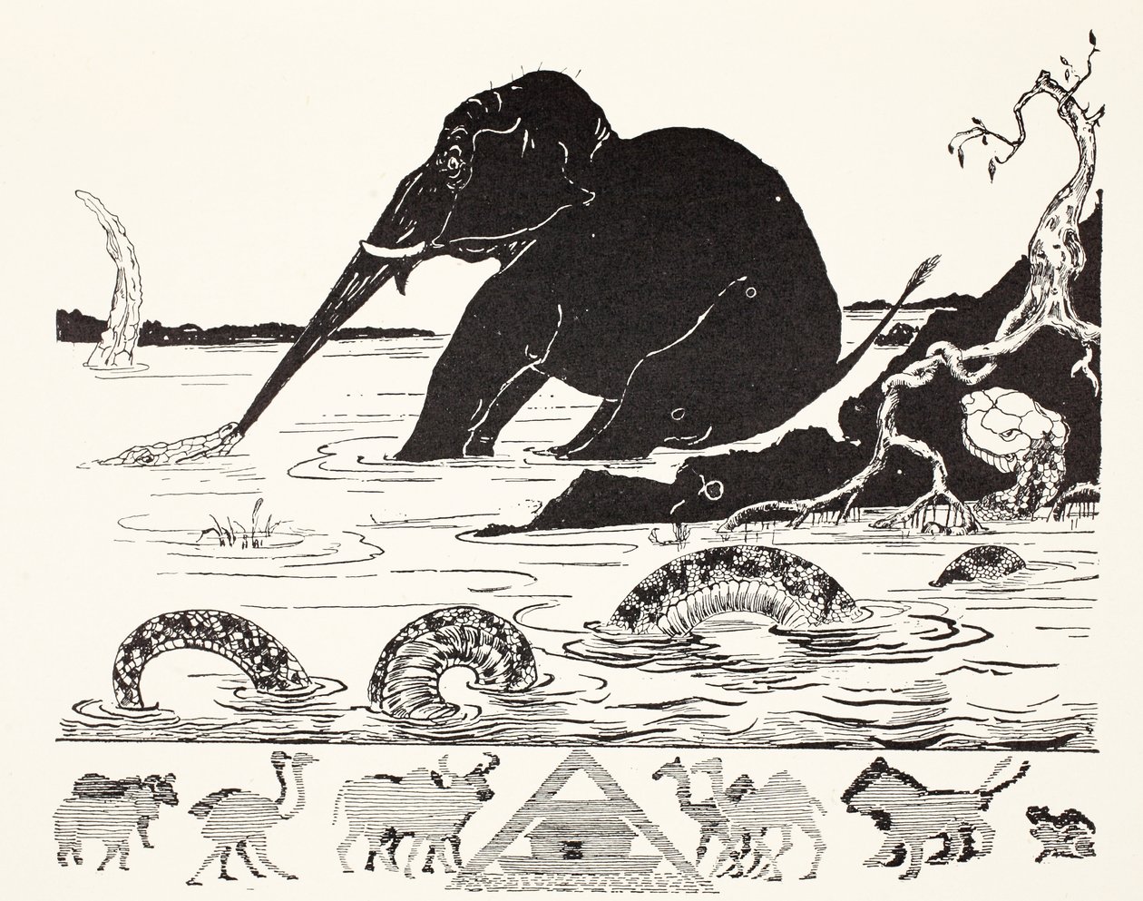 Az elefánt gyermeke, akinek a krokodil húzza az orrát, illusztráció a „Just So Stories for Little Children” című könyvéből, Rudyard Kipling, kocsma. London, 1951 alkotó: Joseph Rudyard Kipling