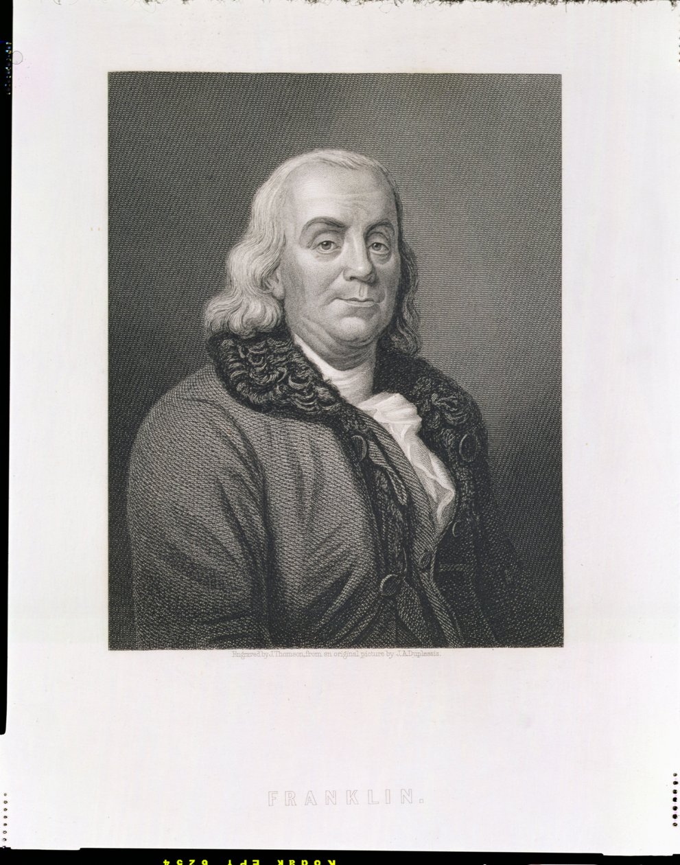 Benjamin Franklin portréja, metszette J. Thomson, kocsma. írta William Mackenzie alkotó: Joseph Siffred Duplessis