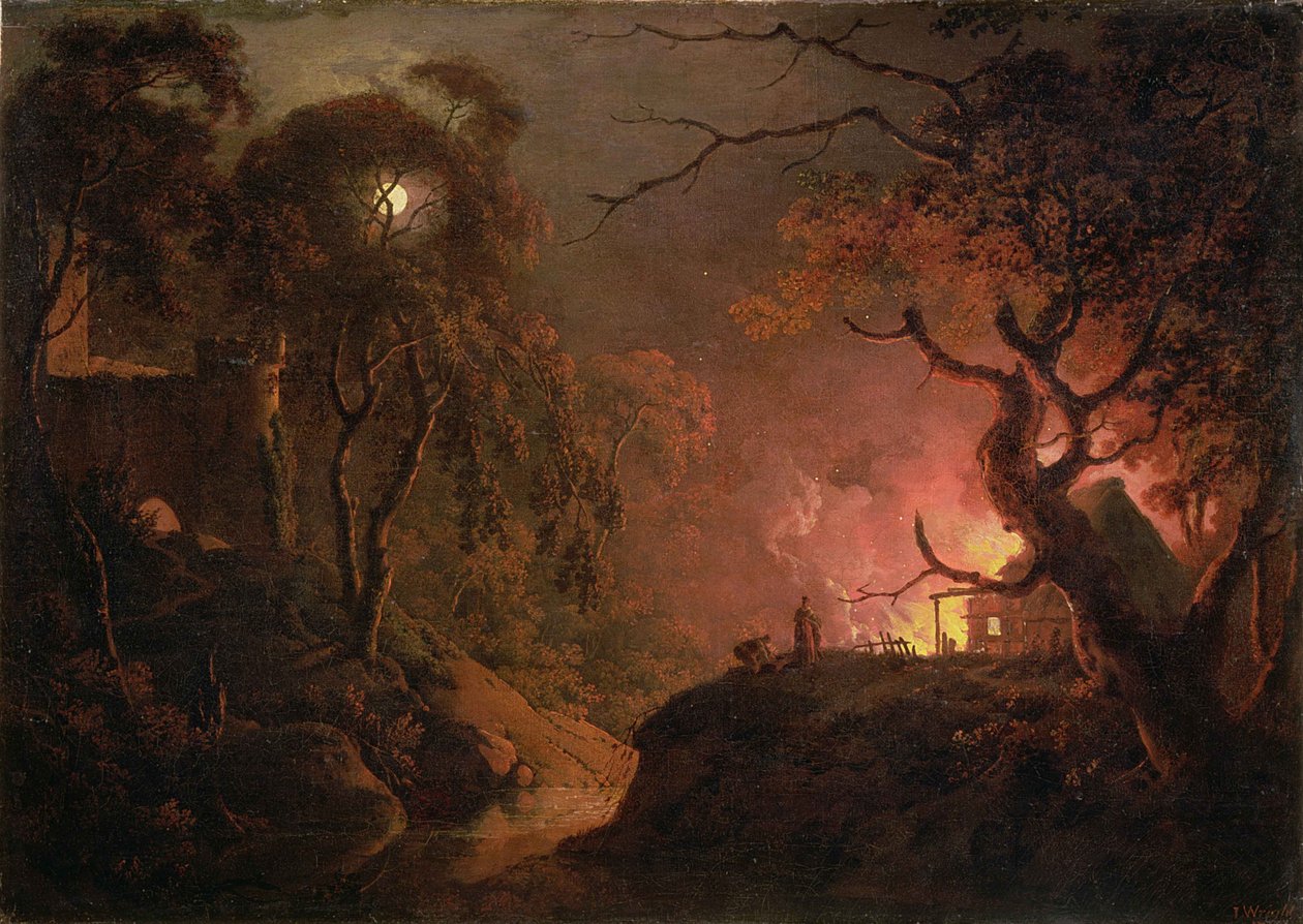 Éjszaka lángokban álló házikó, 1785-93 körül alkotó: Joseph Wright of Derby