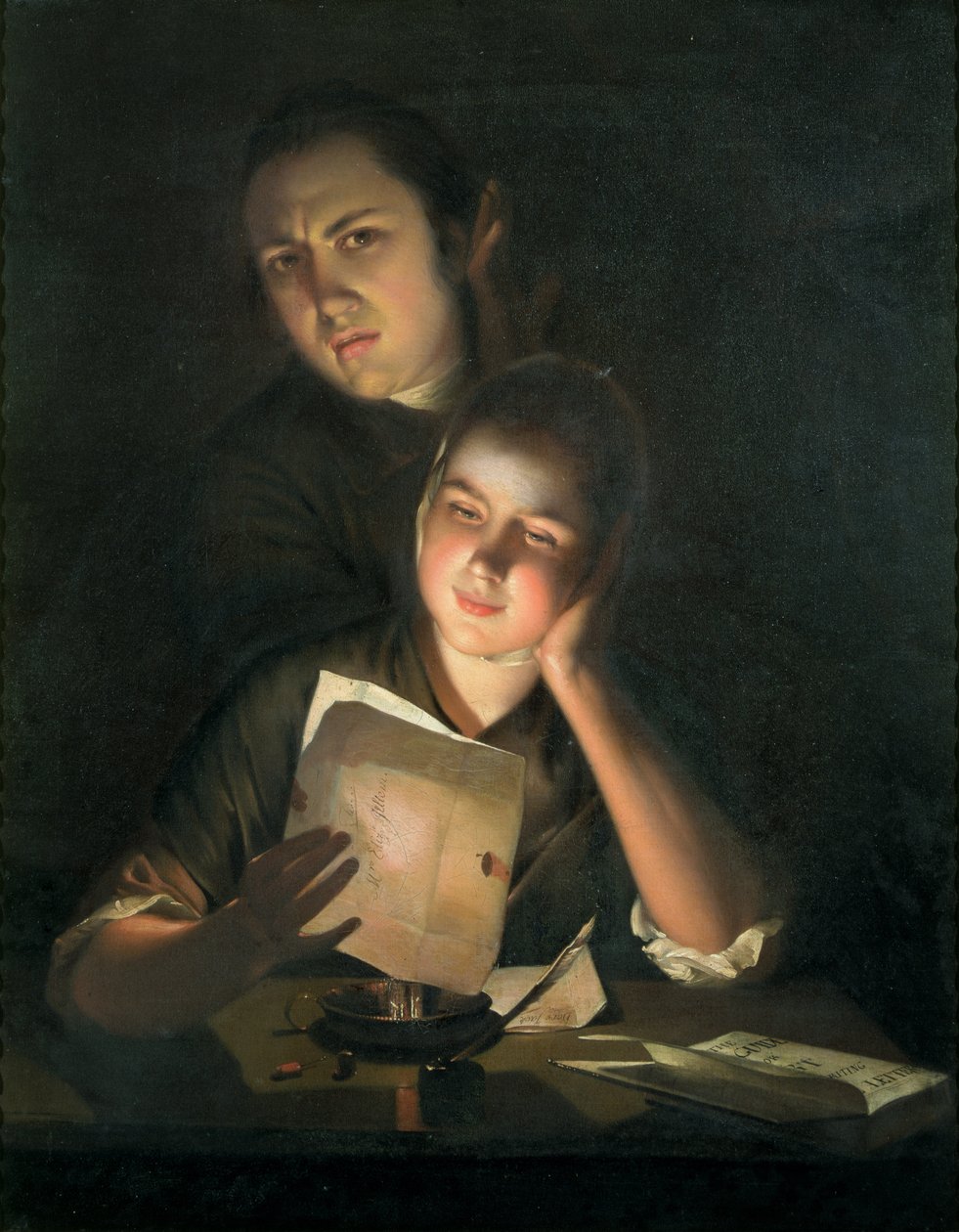 Egy lány levelet olvas gyertyafénynél, válla fölött egy fiatal férfival, 1760-2. alkotó: Joseph Wright of Derby