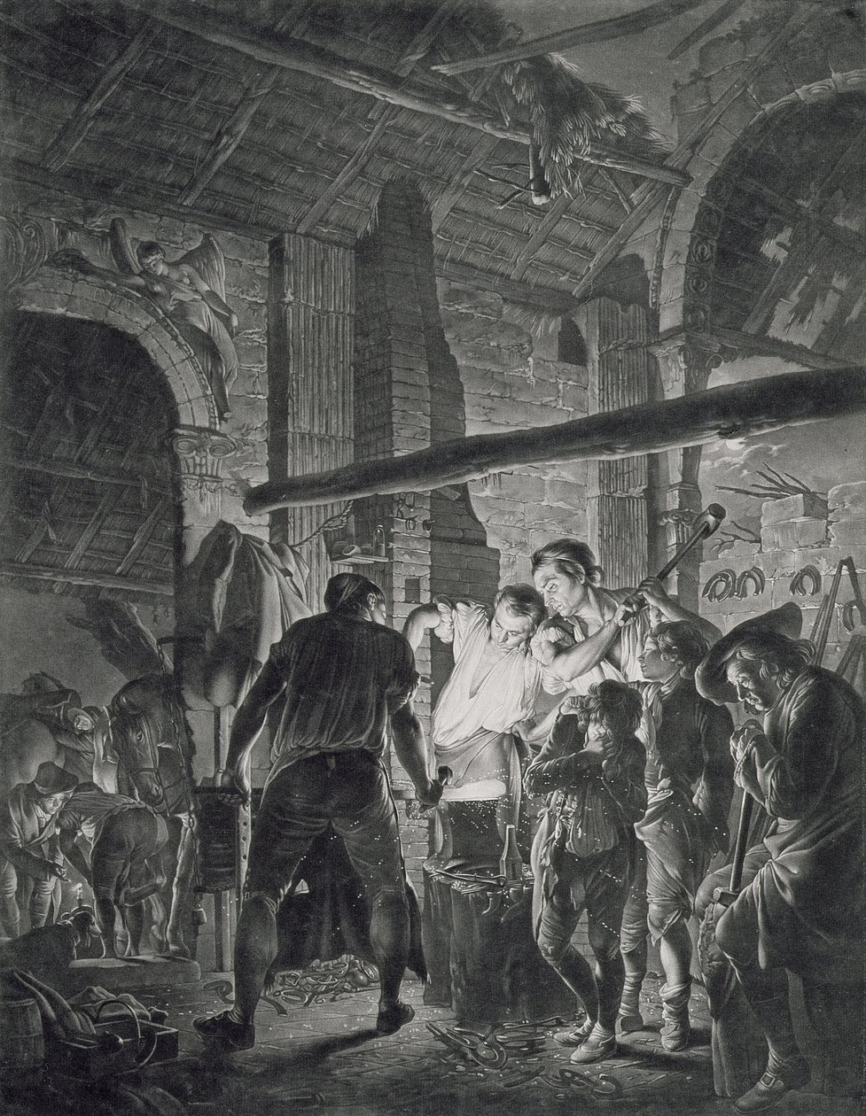 A kovácsműhely, metszette: Richard Earlom (1743-1822), 1771 (mezzotinta) alkotó: Joseph Wright of Derby