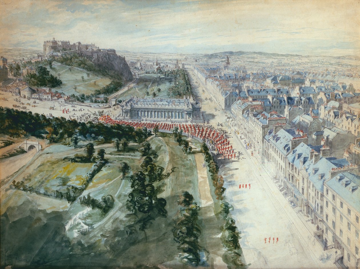 Princes Street, Edinburgh Looking West, 1847. augusztus 10:15, a Parade, az intézménytől nyugatra (wc) bemutatásával alkotó: Joseph Woodfall Ebsworth