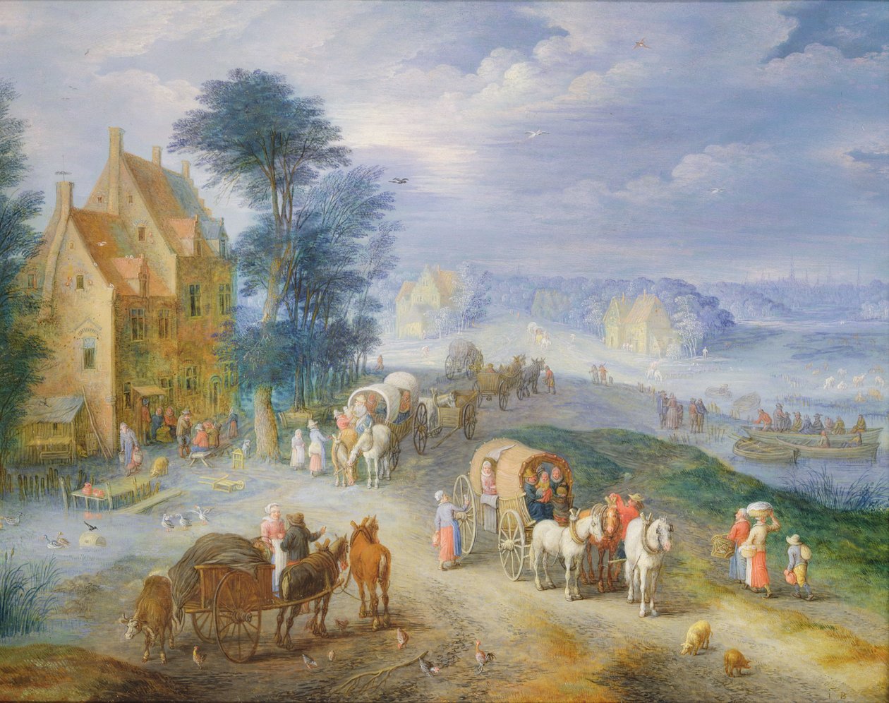 Táj parasztokkal, szekerekkel és komppal (olaj, réz) alkotó: Joseph van Bredael