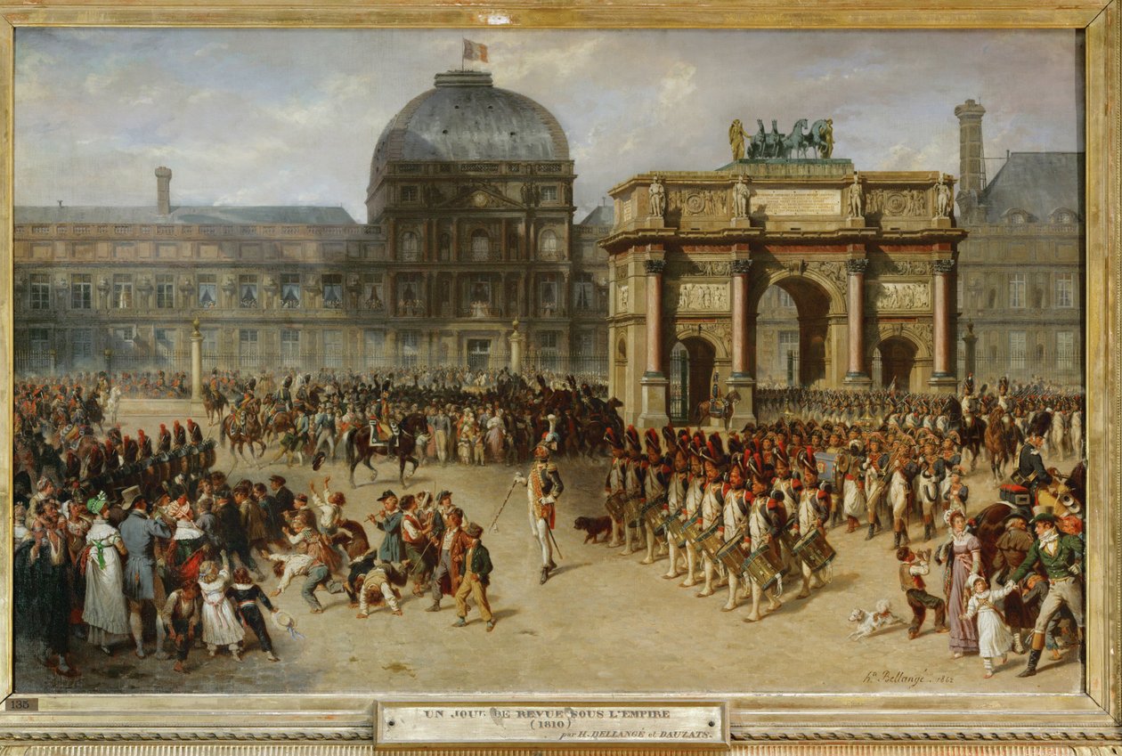 Katonai díszszemle a Tuileriák palotája előtt, Párizs, 1810 ... alkotó: Joseph-Louis-Hippolyte Bellange