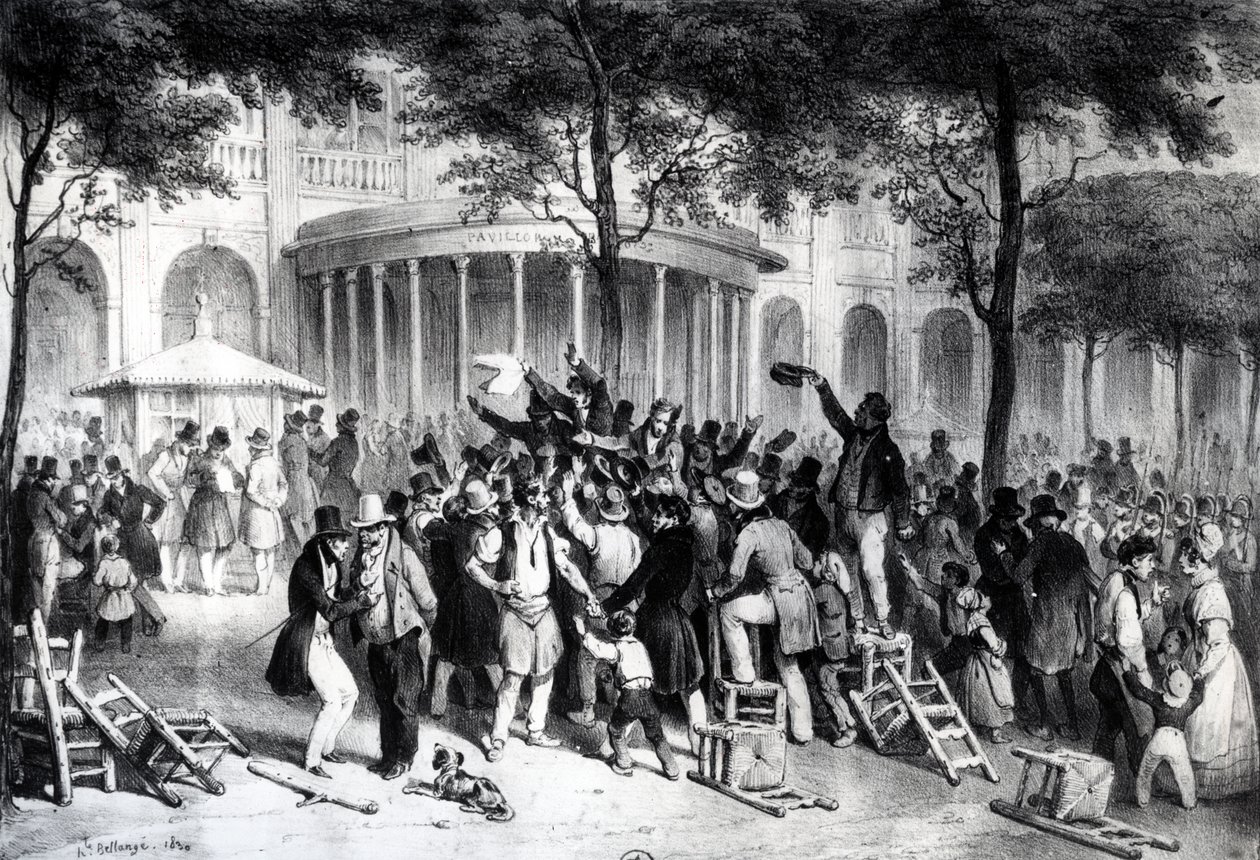 A Newspaper Moniteurben megjelent határozatok felolvasása a párizsi királyi palota kertjében, július 26. alkotó: Joseph Louis Hippolyte Bellange