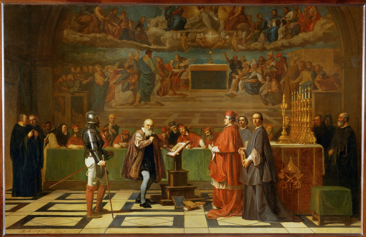 Galileo Galilei a vatikáni Szent Hivatal előtt ... alkotó: Joseph-Nicolas Robert-Fleury