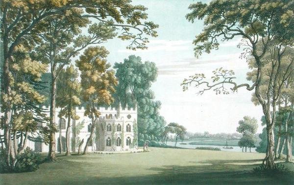 The House, gardens and lake at Strawberry Hill, J.C. Stadler (fl.1780-1812) metszete, 1793-ban megjelent (színes metszet) alkotó: Joseph (after) Farington