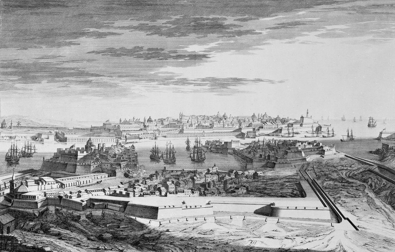 Málta városának kilátása a Cotonere oldalán, 1750 körül (metszet) alkotó: Joseph (after) Goupy