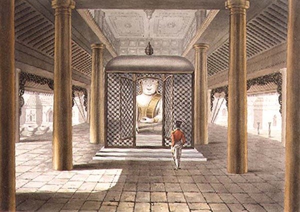 Egy katona egy Rangoon templomban áll, George Hunt metszetével alkotó: Joseph (after) Moore