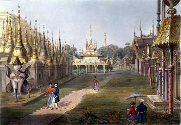 Jelenet a Rangoon-i Nagy Dagon pagoda teraszán, észak felé néz, a „Rangoon Views” 5. táblája, George Hunt metszetével alkotó: Joseph (after) Moore