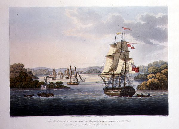 Port Cornwallis kikötője. Nagy Andamán szigete, a flotta súlya alá kerül Rangoon számára, metszett G. Hunt, pub. szerző: Kingsbury & Co., London alkotó: Joseph (after) Moore
