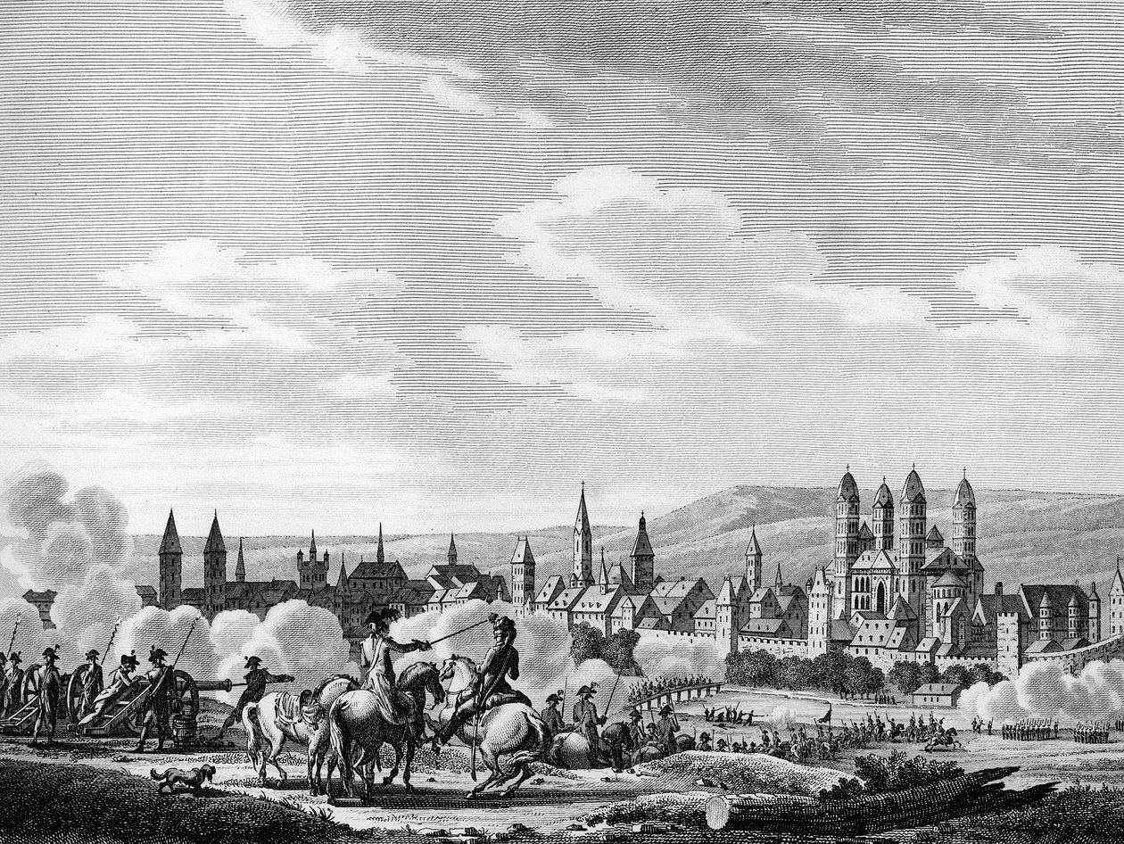 A francia forradalom és a porosz forradalomellenes mozgalom: Speyer város elfoglalása (német Speyer) 1792 októberében, Németország. Berthaut metszete Swebach nyomán. Párizs, a Forradalomtörténeti Intézet könyvtára alkotó: Joseph (after) Swebach Desfontaines