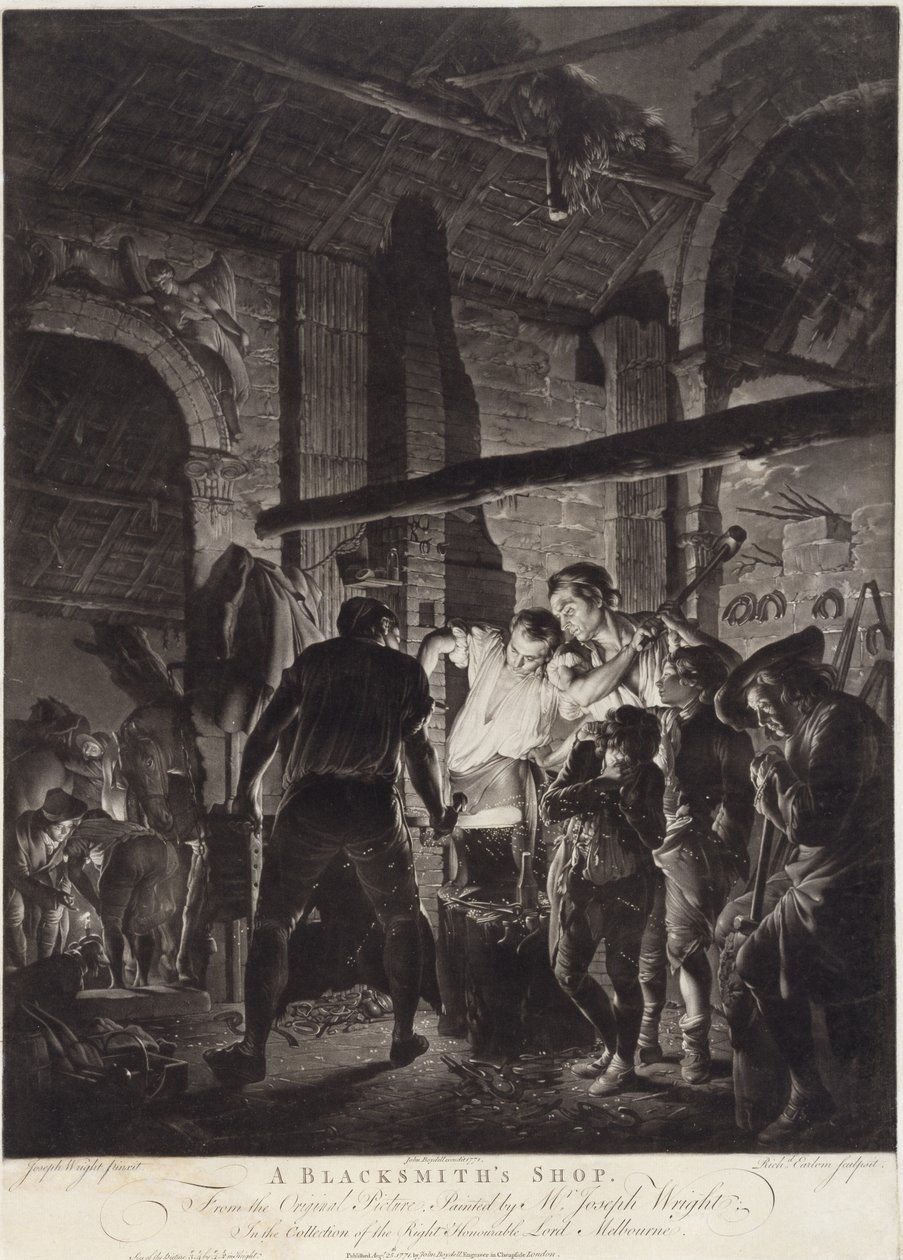 Kovácsműhely, metszett: Richard Earlom (1743-97) alkotó: Joseph (after) Wright of Derby