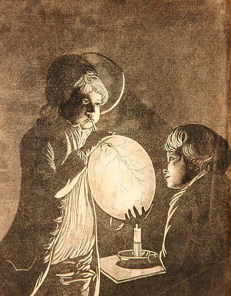 Két fiú hólyagot fúj gyertyafényben, akvatinta: Peter Perez Burdett (1735-93) (akvatinta) alkotó: Joseph (after) Wright of Derby
