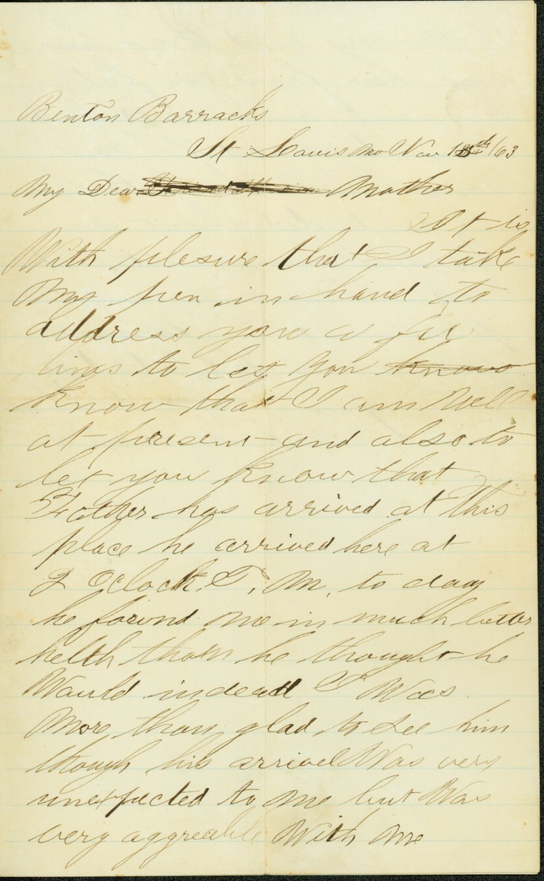 Levelet írt alá Joseph A. Fardell, Benton Barracks, St. Louis, Mo., anyának, 1863. november 12. alkotó: Joseph A. Fardell