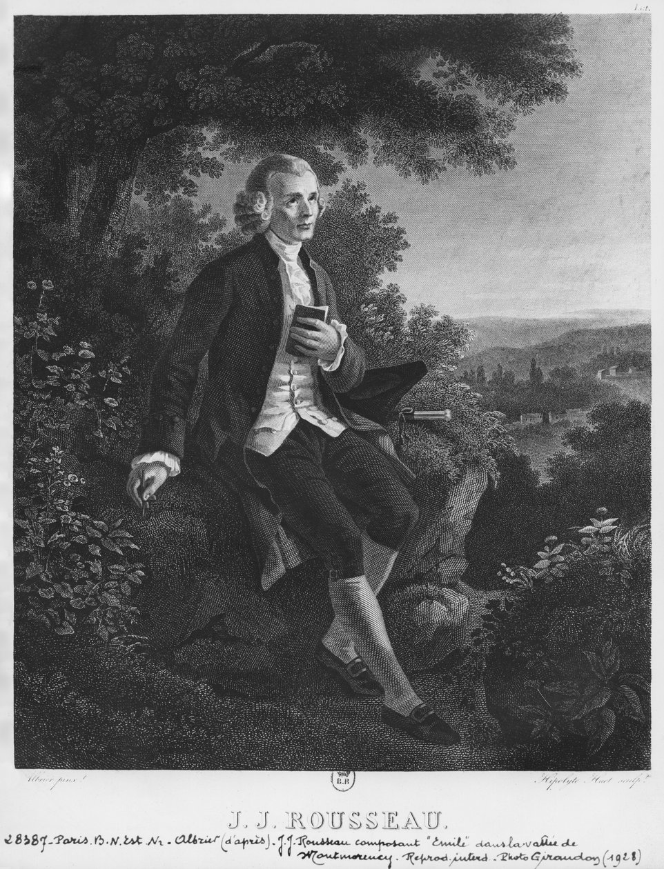 Jean-Jacques Rousseau az „Emile” című művét komponálja a Montmorency-völgyben, Hippolyte Huet metszetét (XIX. század) alkotó: Joseph Albrier