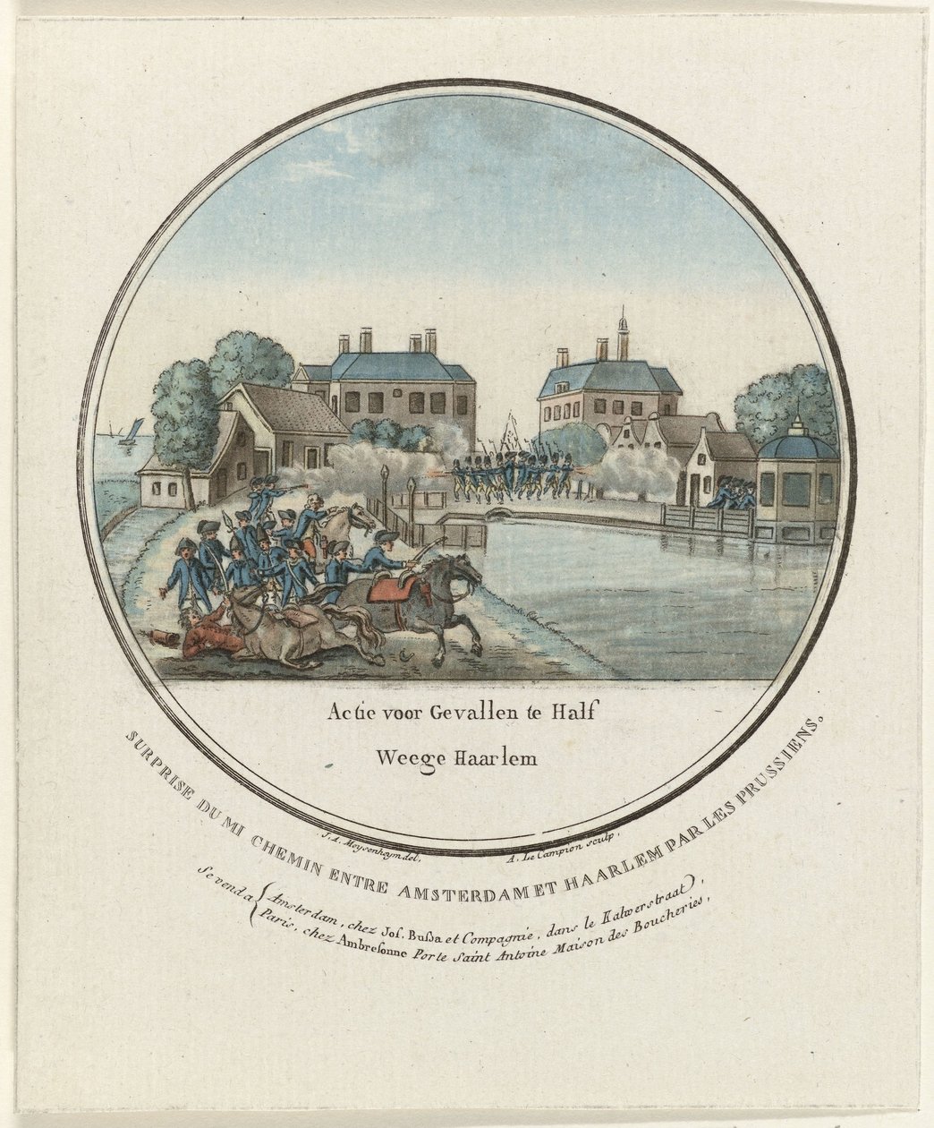 Támadás Halfwegnél, 1787 Akció Gevalle te Half Weege Haarlem / Surprise du mi chemin entre Amsterdam et Haarlem par les Prussiens számára (cím a tárgyon) Az 1787-es Amszterdam melletti porosz támadások francia táblái (sorozat címe) alkotó: Joseph Alexandre Le Campion