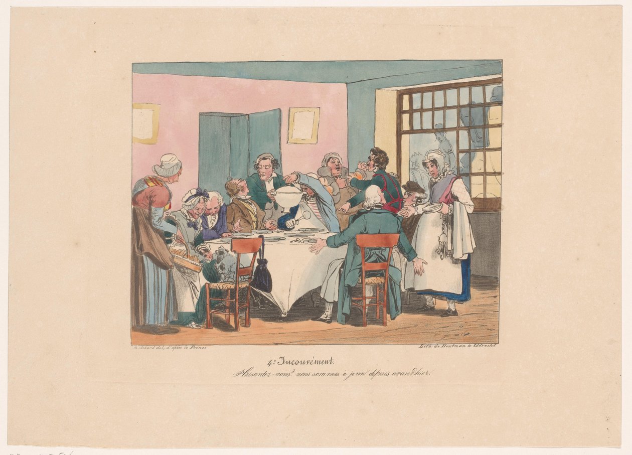 Gezelschap aan tafel aan het vasten Viccelsz? Tegnapelőtt óta böjtölünk (cím a tárgyon) Ongemakken (sorozat címe) Hátrány (sorozat címe az objektumon) alkotó: Joseph Ambroise Jobard