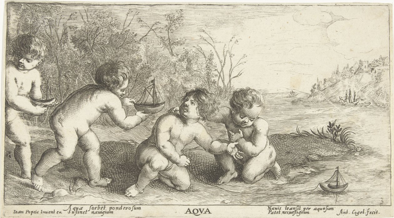 A gyerekek csónakkal játszanak Aqua (cím az objektumon) alkotó: Joseph Antoine Cochet