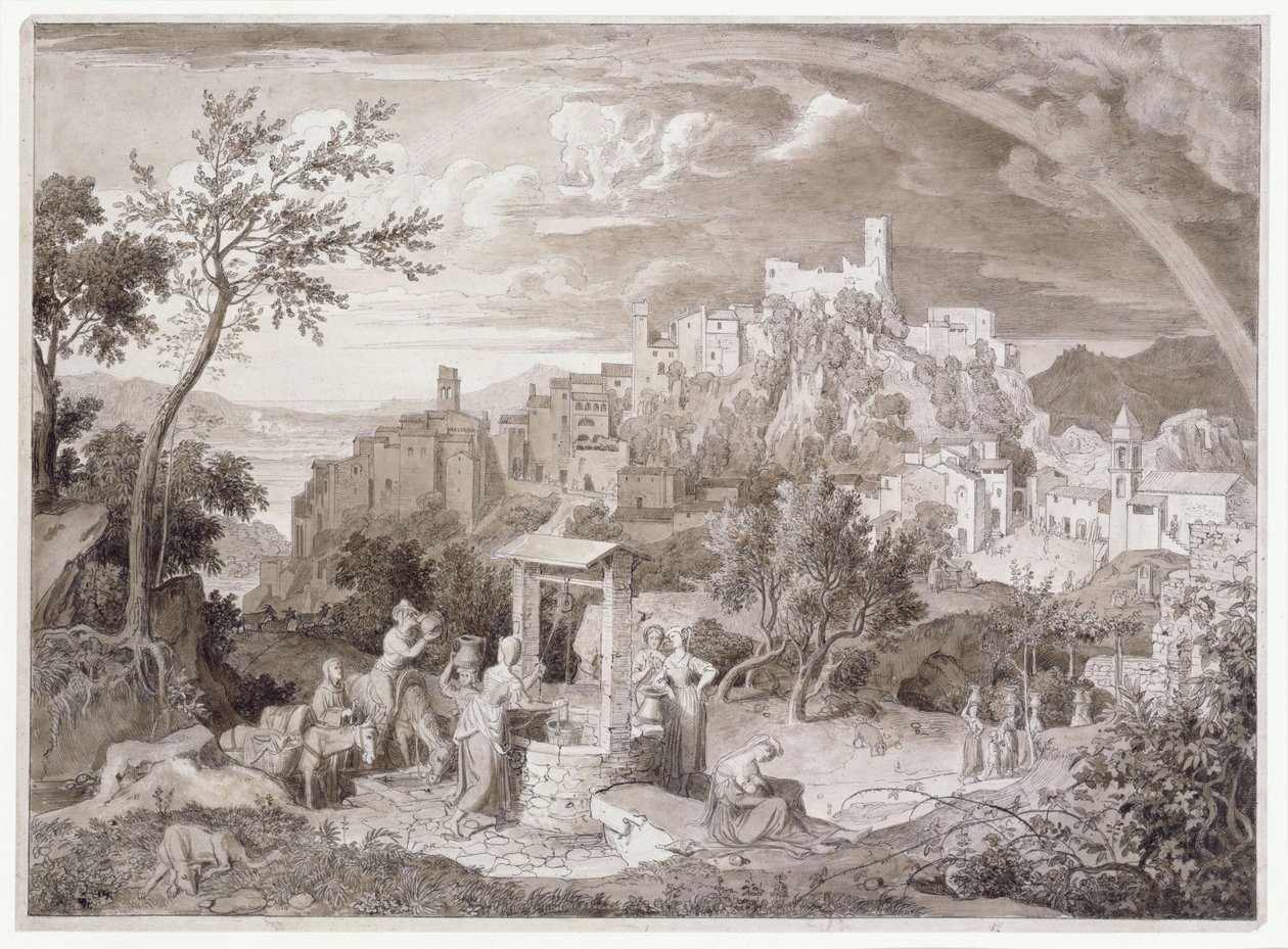 Olevano város látképe, Róma tartomány, Olaszország, szivárvánnyal alkotó: Joseph Anton Koch