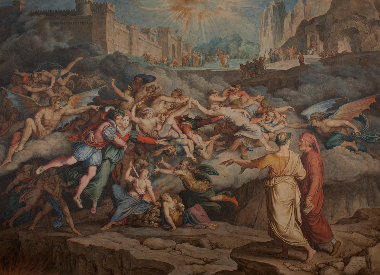 Dante és Vergilius a pokol második körében, 1823. alkotó: Joseph Anton Koch