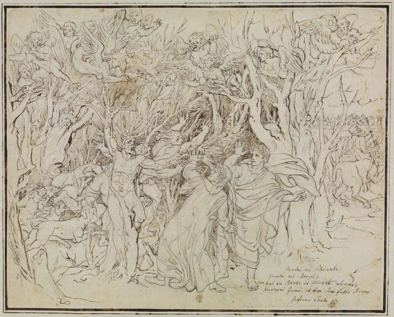 Dante és Vergilius az öngyilkosok erdejében (Dante: Inferno, 13. ének) alkotó: Joseph Anton Koch