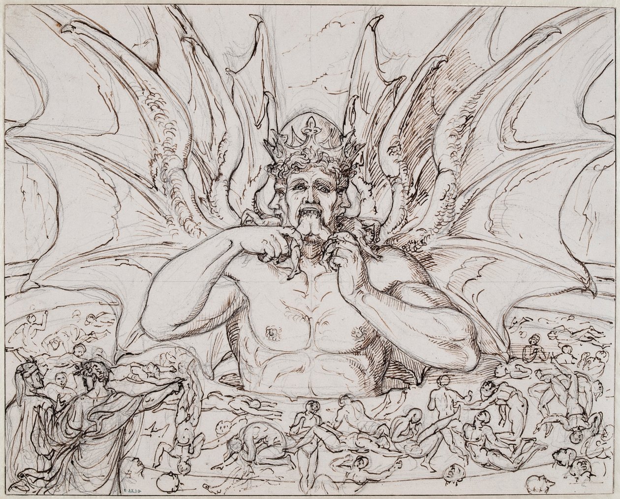 Lucifer a pokol közepén. Illusztráció Dante Alighieri Isteni színjátékához, 1803 körül. alkotó: Joseph Anton Koch
