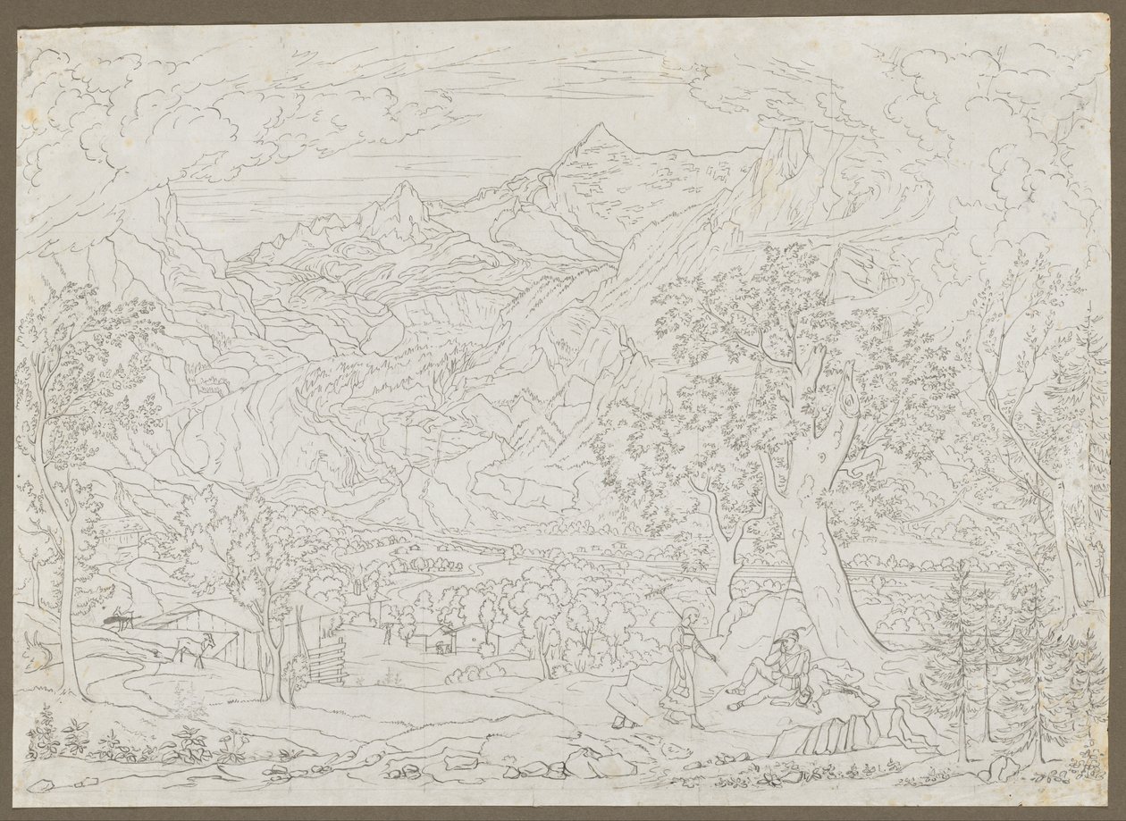 A Grindelwald-gleccser vadász és parasztlánnyal az előtérben, kb. 1823. alkotó: Joseph Anton Koch