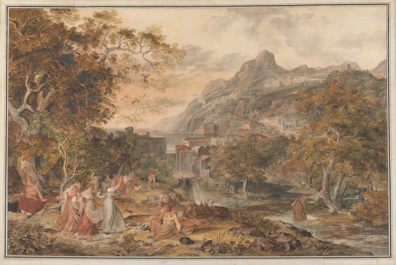 Vietri képe pásztoroknak táncoló fiatal vidéki nőkkel az előtérben, 1800. alkotó: Joseph Anton Koch